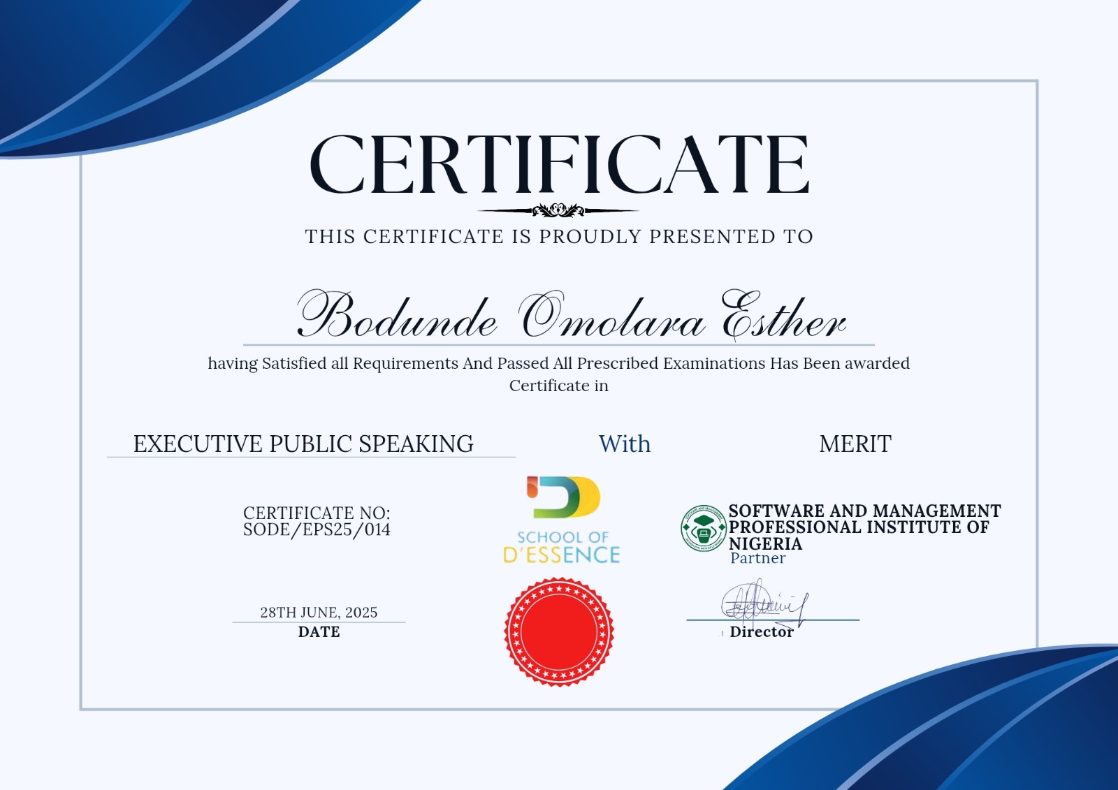 Certificate of Executive Public Speaking